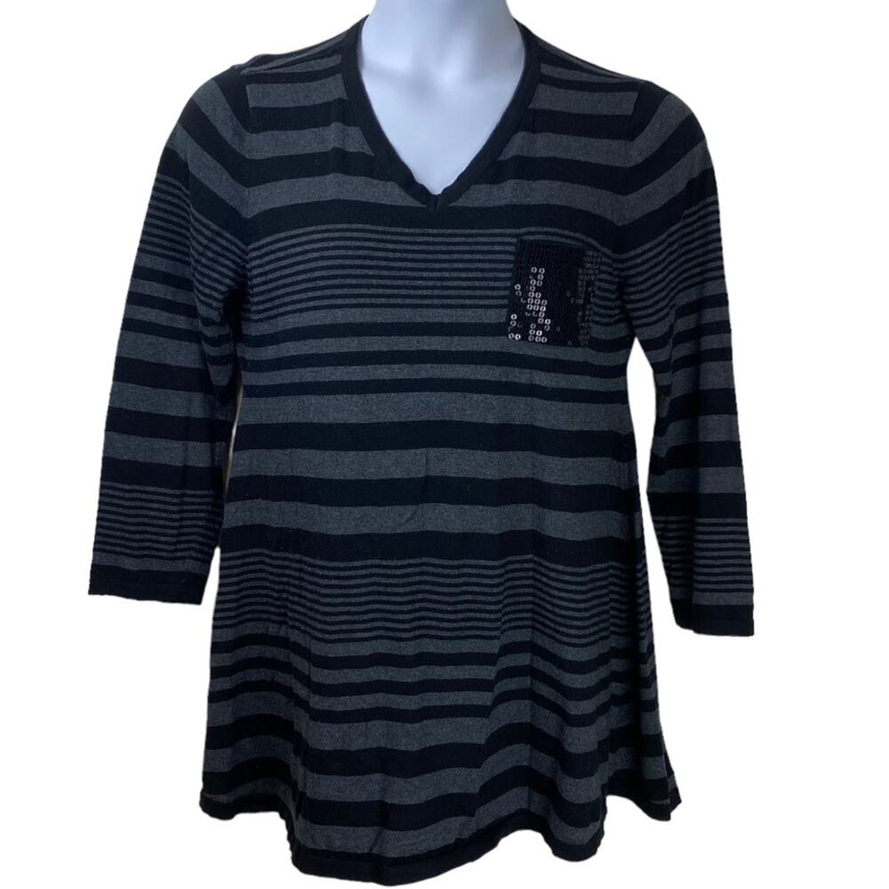 Style & Co Striped V Neck Sequined Pocket Sweater Black Gray Size XL